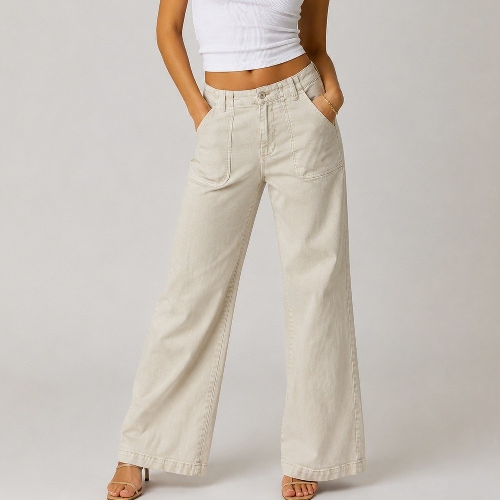 YFB Young Fabulous Broke Cream Utility Wide Leg Patch Pocket Pants XS Boho Y2K